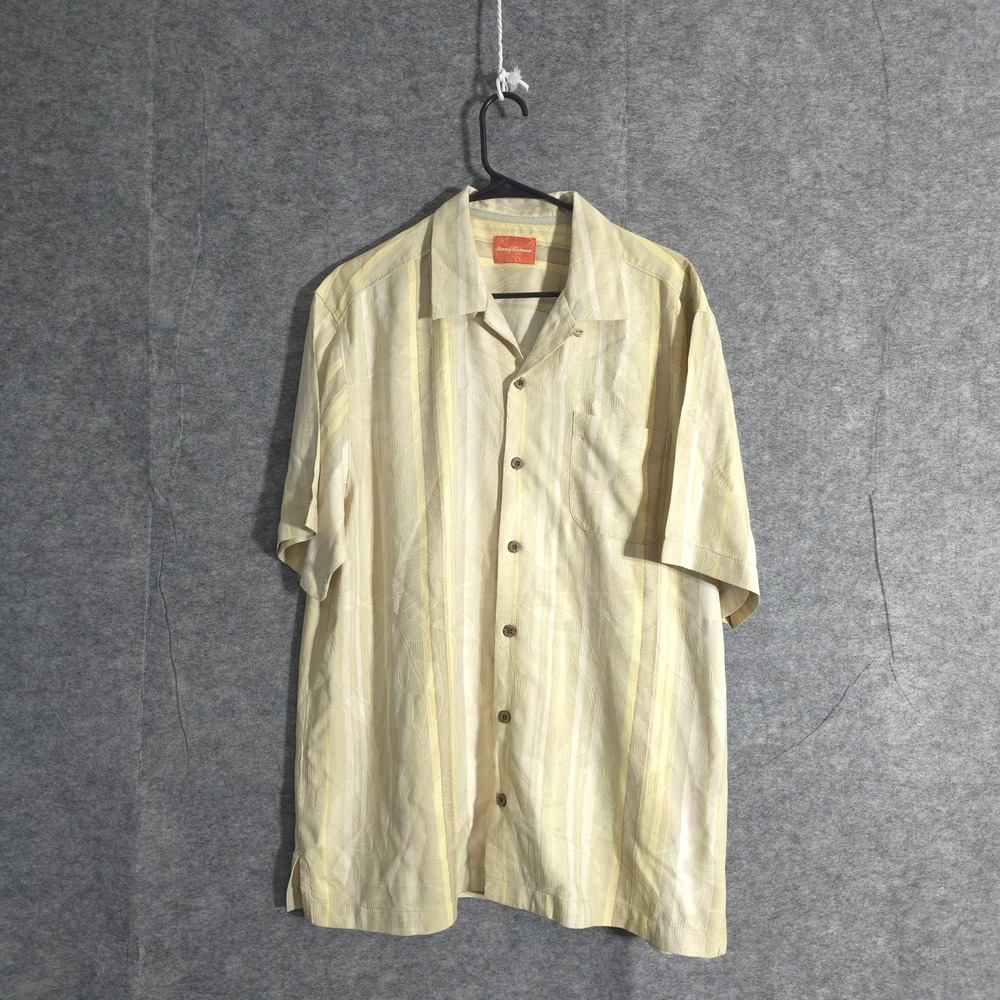 Tommy Bahama Silk Shirt Mens Large Camp Button Up Short Sleeve Beige Stripe